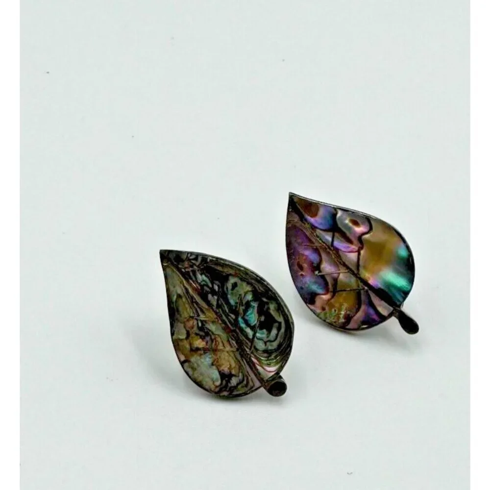 Vintage Abalone Leaf Earrings Screw Backs Sterling Silver Iridescent Shell